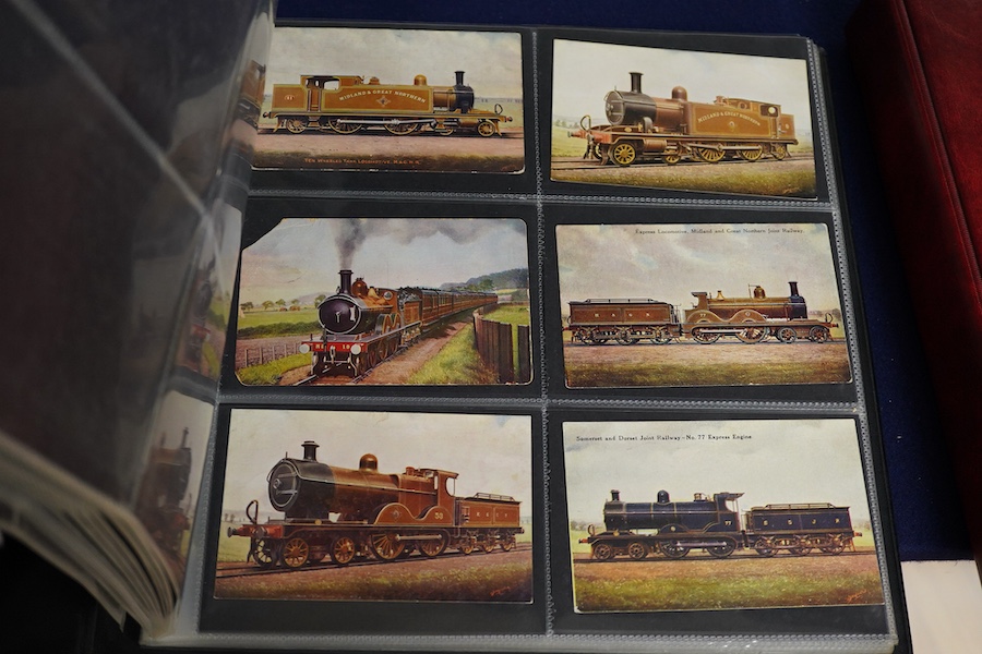 A collection of early 20th century railway related postcards, contained within two modern postcard albums, mainly pre-grouping railway companies including; the GWR, the LNWR, the Caledonian Railway, the Great North of Sc